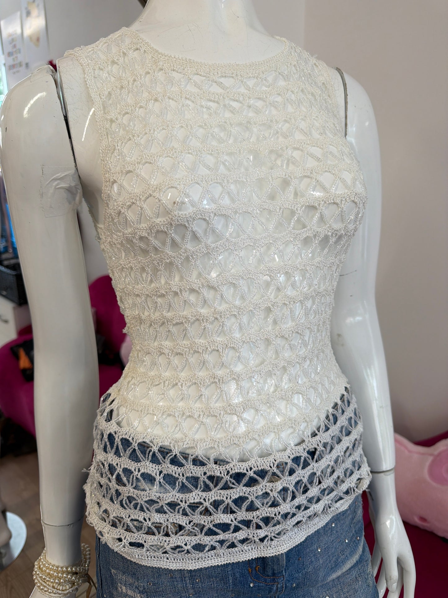526 White net beaded tank top