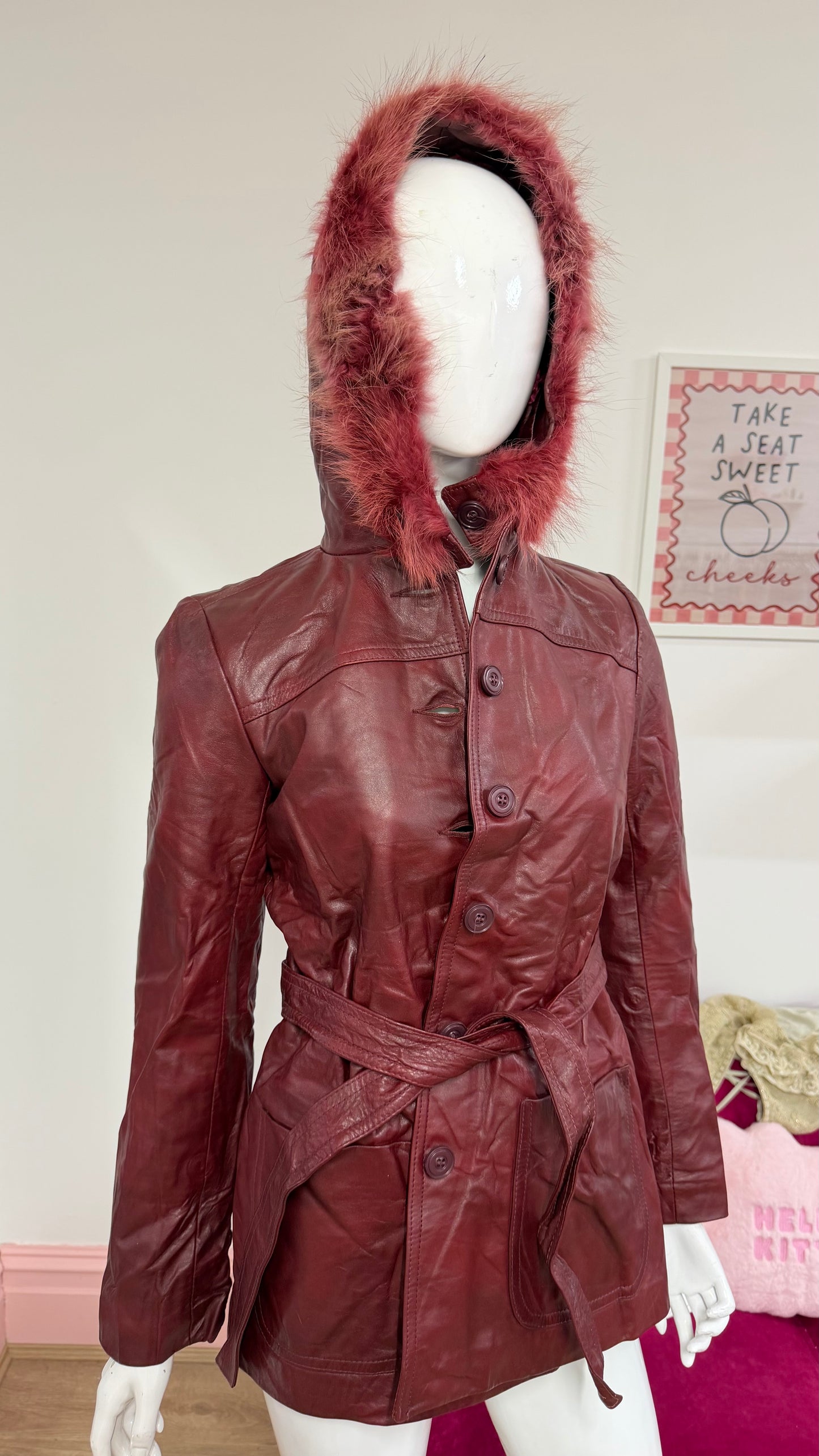 280 Red leather jacket with fur hood