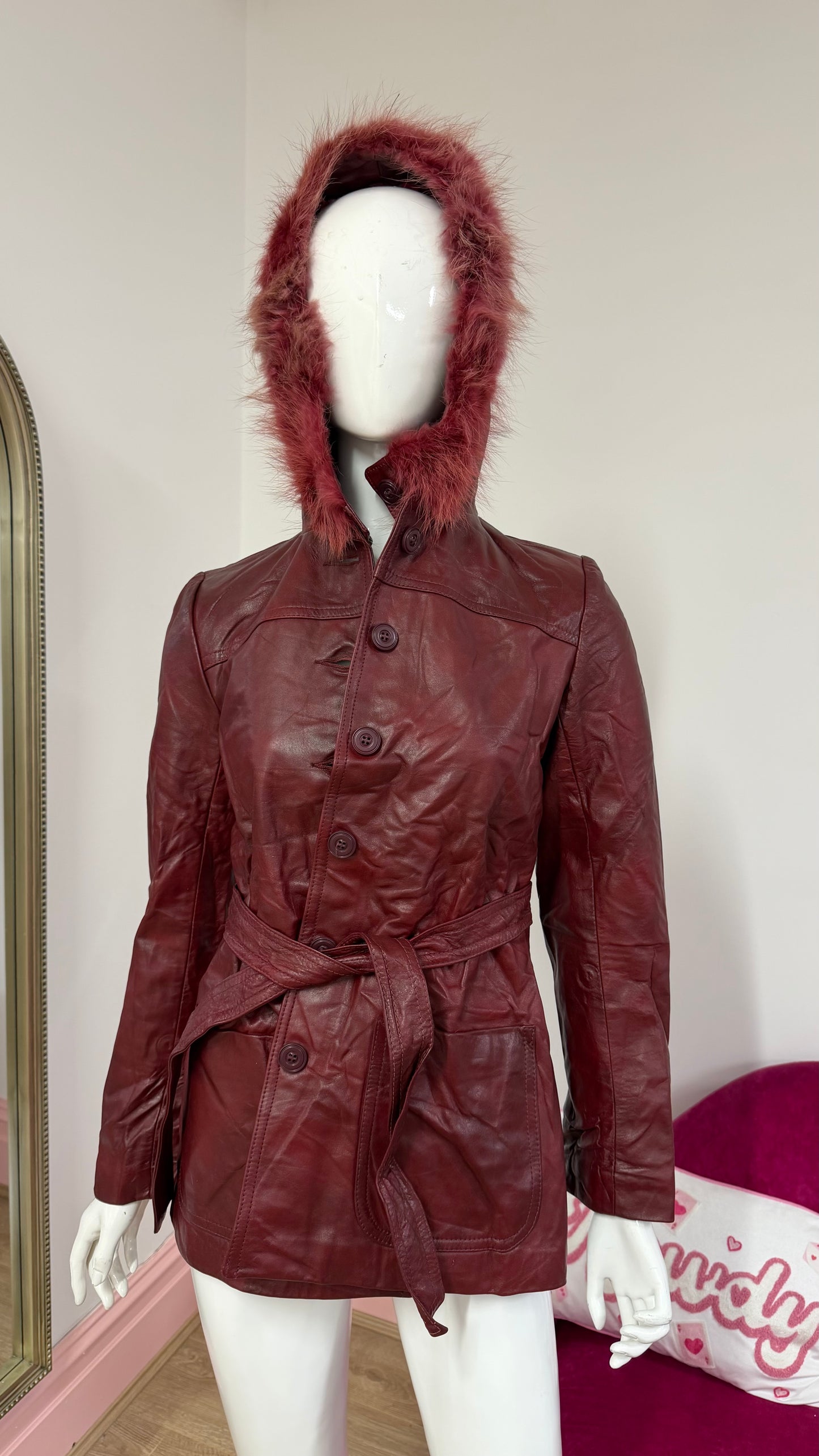 280 Red leather jacket with fur hood