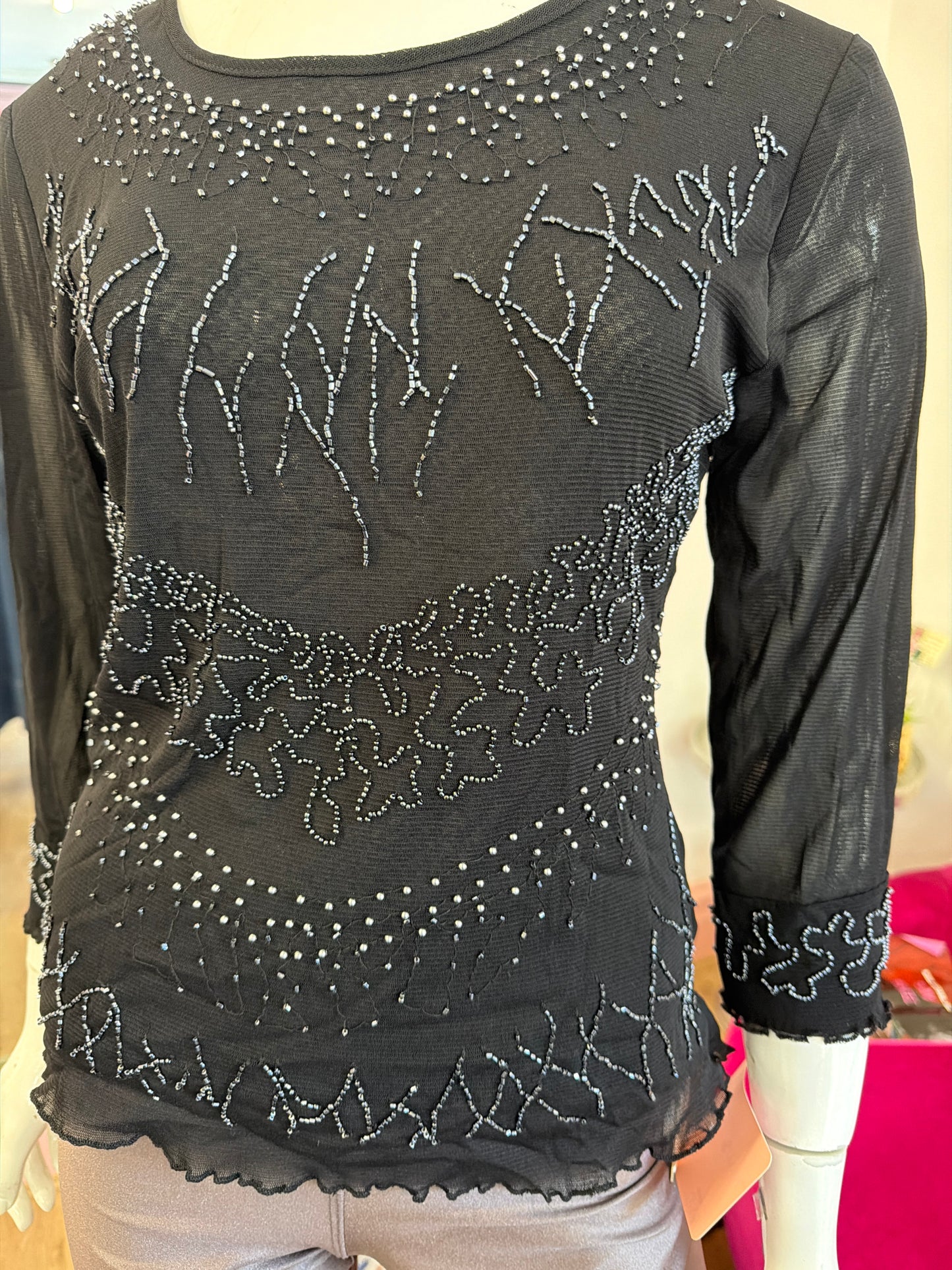 603 Black mesh beaded top Size S/M