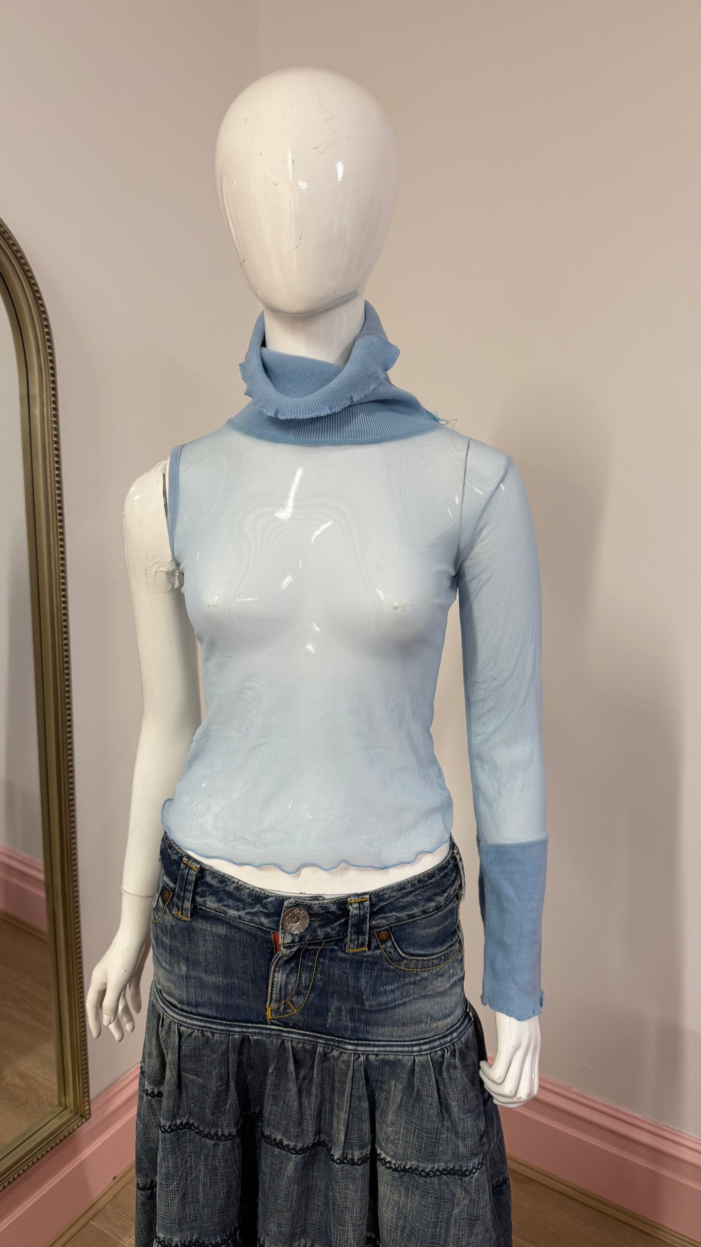 88 blue sheer one sleeve top