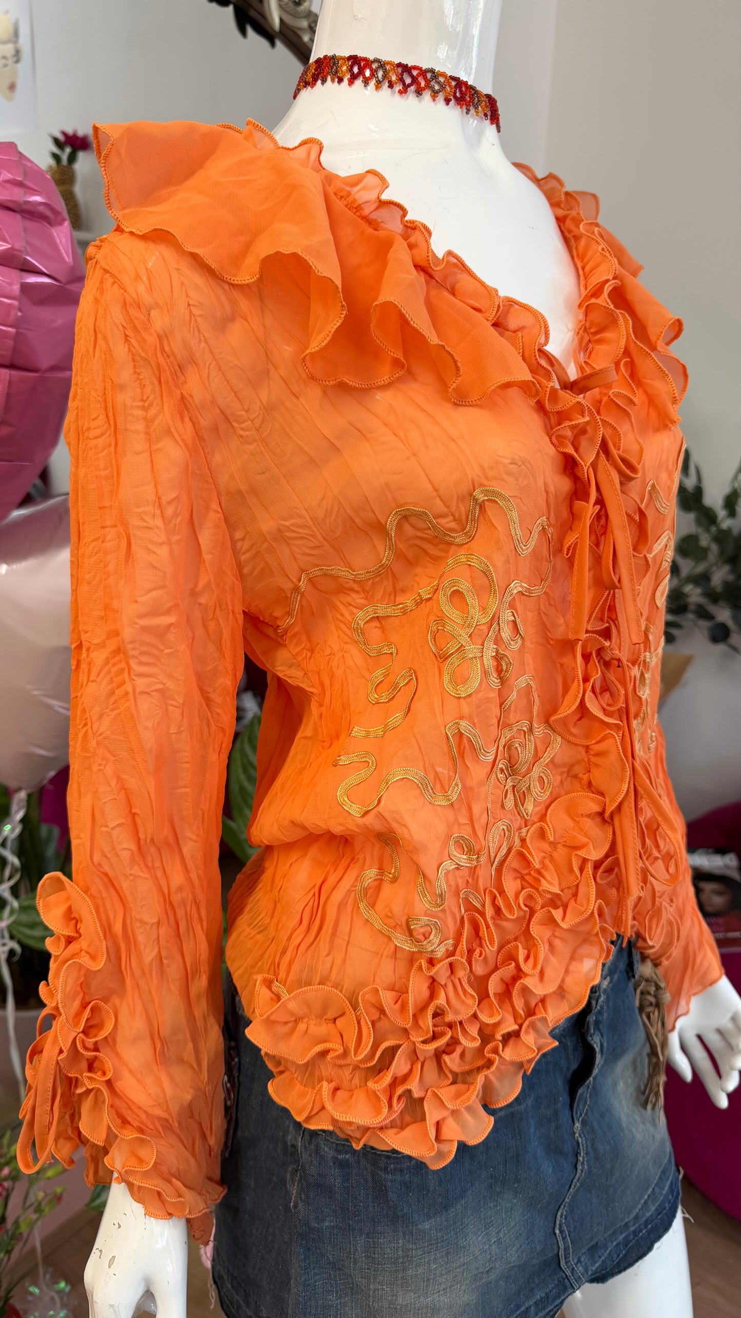 325 Orange sheer frill shirt