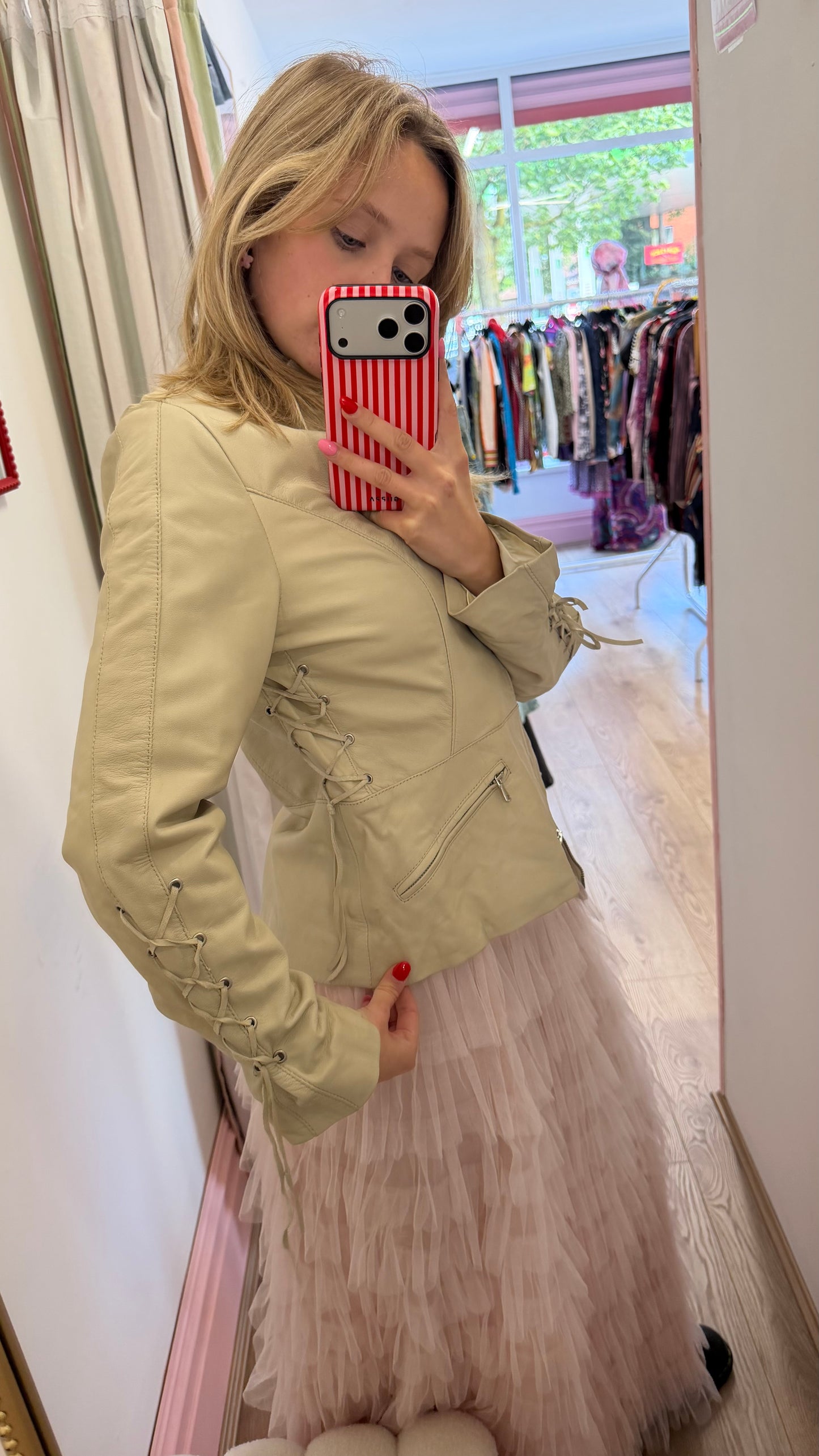 335 beige leather jacket with side ties