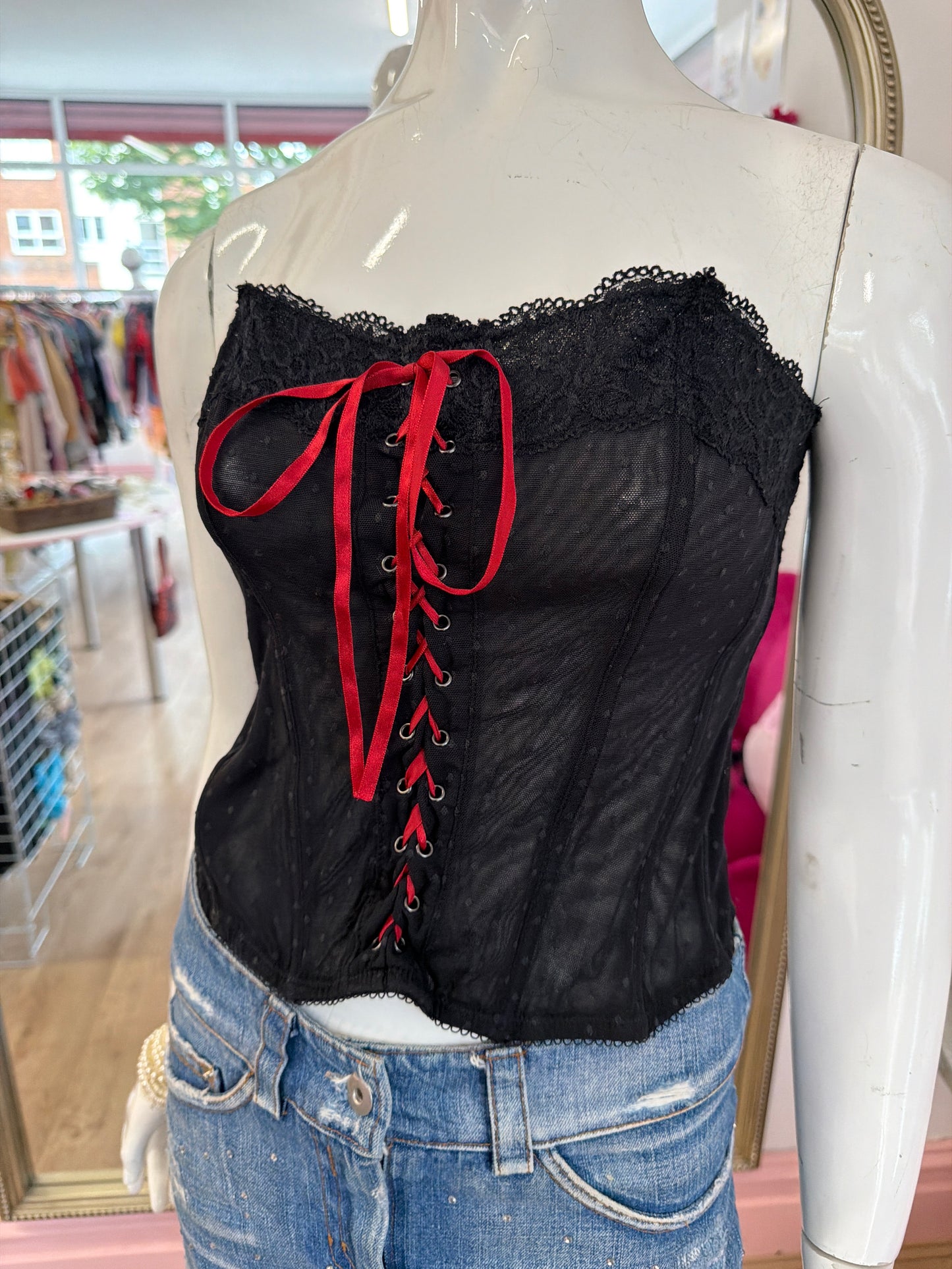 527 Black corset top with red lace