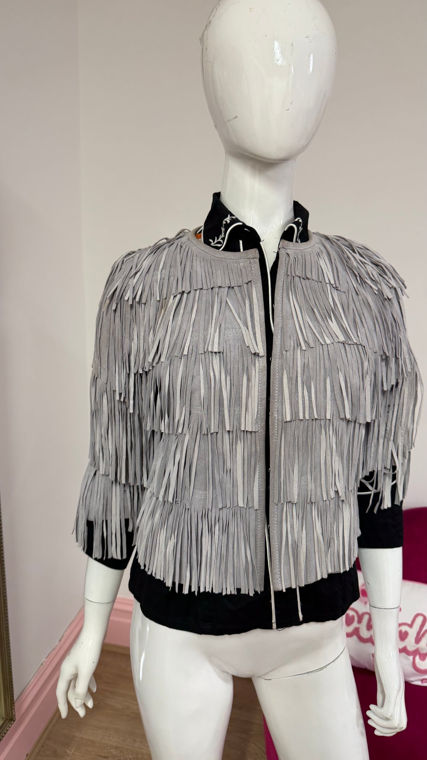 279 Mint Velvet Grey suede fringed jacket