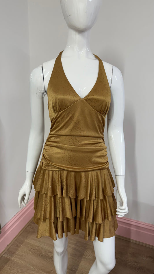 229 gold tiered midi dress
