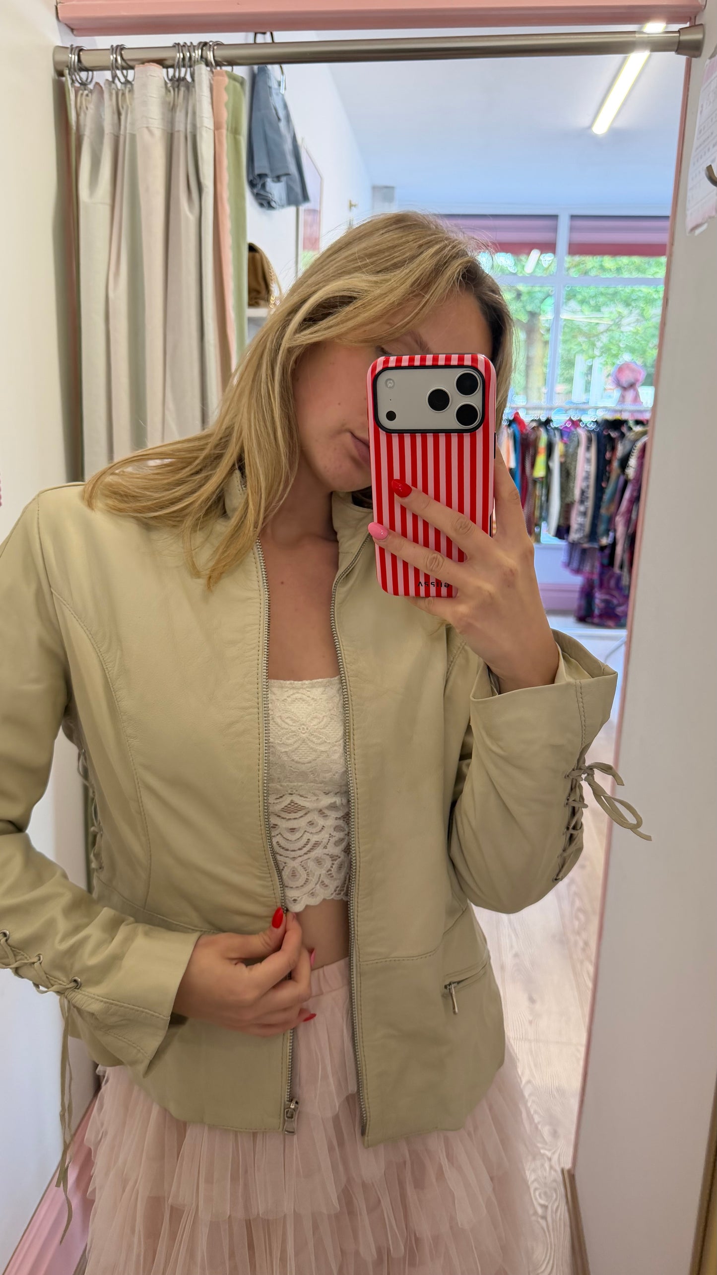 335 beige leather jacket with side ties
